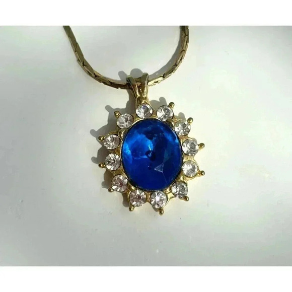 Blue Sapphire Cubic Zirconia Gold Toned Vintage Oval Pendant Necklace - 18" - Picture 3 of 7